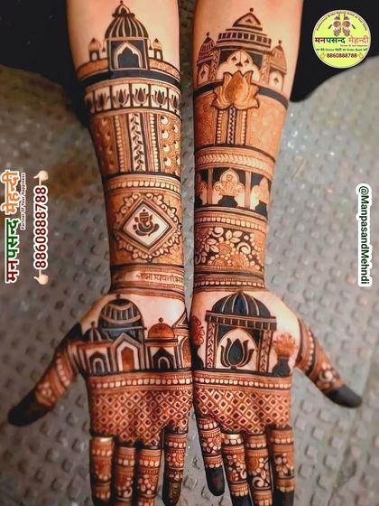 This design is a tribute to Indian architecture, with detailed monuments on both the palms and forearms. It's a unique and patriotic choice for any special occasion.