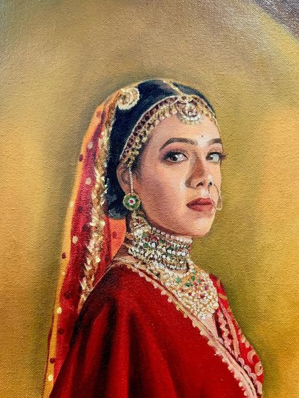 A close-up of the face from the royal portrait, focusing on the traditional jewelry and determined expression.