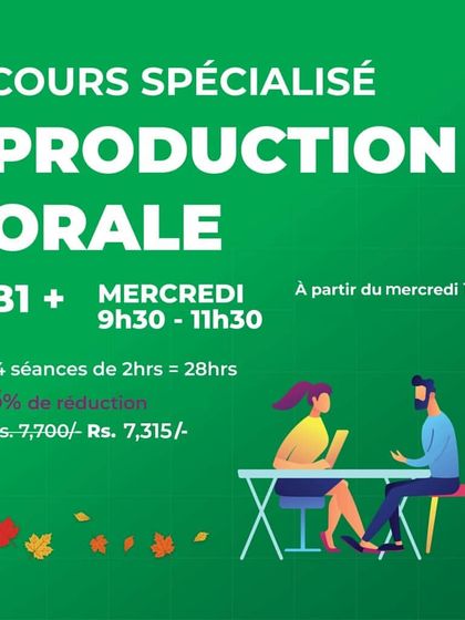 This graphic announces our specialized course in Oral Production (Production Orale) for students at the B1 level and higher.