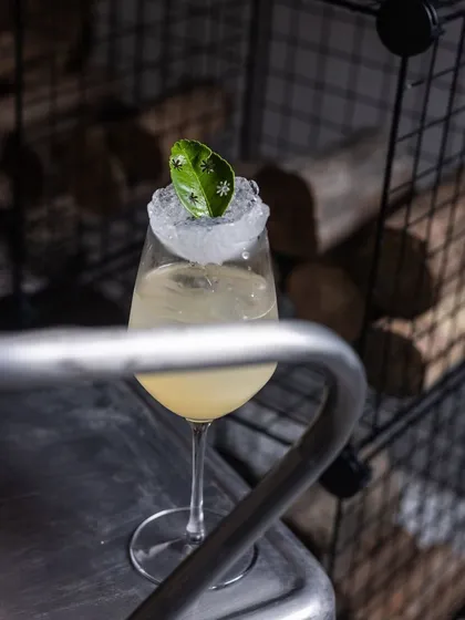 My Bella Signora mocktail, beautifully presented with a delicate leaf garnish on a bed of crushed ice. It’s a visually stunning drink that tastes as good as it looks.
