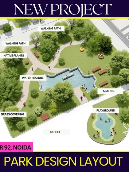 Another view of our park design layout for Sector 92, Noida. This plan details zones for a children's playground, various seating areas, walking paths, and a large water feature, ensuring the park is functional for the entire community.
