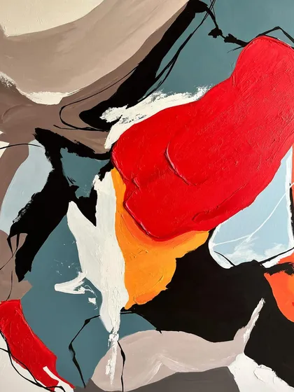 A detail of the 'Colour Cluster' painting, highlighting the textured, impasto application of the bright red paint against the cool blue and black forms.
