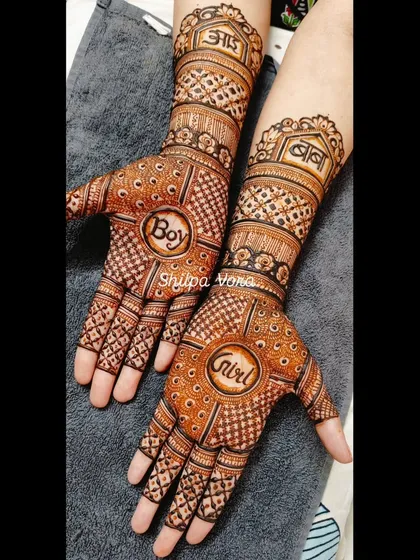 A fun and playful design for a gender reveal or baby shower, with 'Boy' on one hand and 'Girl' on the other, along with 'Aai' and 'Baba' on the arms.