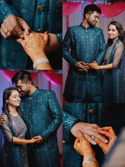 This collage highlights the central moment of the engagement: the ring ceremony. It's a story of commitment told in four beautiful frames.