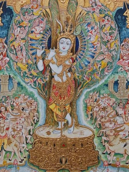 A full view of our best-selling Krishna painting, showcasing the intricate details from the cows at his feet to the celestial beings in the heavens.