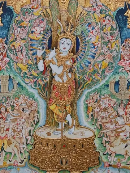A full view of our best-selling Krishna painting, showcasing the intricate details from the cows at his feet to the celestial beings in the heavens.