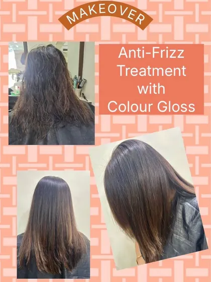 Healthy hair is our priority. This transformation shows the power of combining a rich color gloss with an anti-frizz treatment. We took hair that was prone to frizz and created a sleek, smooth, and incredibly shiny finish.