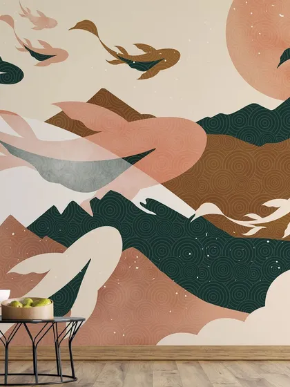 Another view of the Japanese-inspired abstract mural, showing how it creates a serene and artistic backdrop in a contemporary living space.