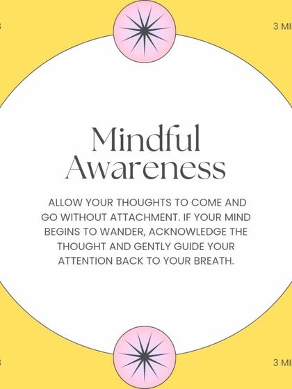 The third step is mindful awareness. Allow your thoughts to come and go without attachment. If your mind wanders, gently guide your attention back to your breath.
