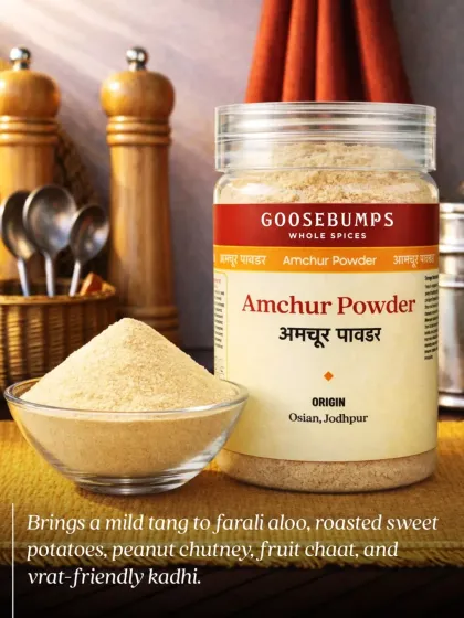 My Amchur Powder, made from dried unripe mangoes from Osian, Jodhpur, brings a mild tang to fasting dishes. It's perfect for farali aloo, peanut chutney, and vrat-friendly kadhi.