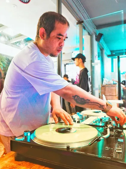 It's all about the craft. A close-up shot of me working the vinyl on my turntables. This is real turntablism, where every scratch and mix is done live.