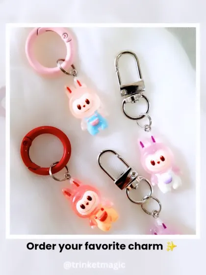 Order your favorite charm. This image shows the different clasp options for my Labubu keychains, from colorful rings to classic silver clasps.