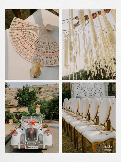 A collage of the thoughtful wedding details, including a vintage car for the baraat, custom fans for guests, and elegant floral decor.