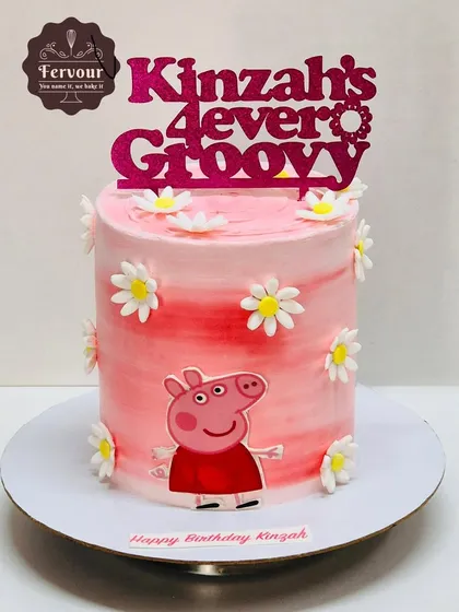 A Peppa Pig cake with a custom "Kinza's 4ever Groovy" topper. This pink ombre cake is decorated with little daisies, perfect for a fun and cheerful 4th birthday.