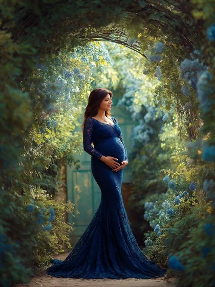 A little magic, a little love, and a whole new chapter waiting to unfold. This portrait in a blue gown is set in an enchanting garden archway.