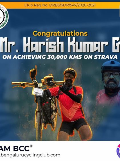We celebrate Harish Kumar G on achieving 30,000 kms on Strava. Your hard work has paid off.