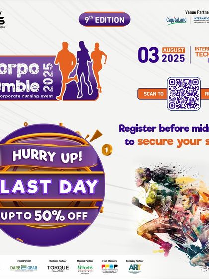 This is the final call to action. A "Last Day" promotion for Corpo Jumble registration, offering up to 50% off, effectively converts interest into sign-ups and guarantees a packed event.