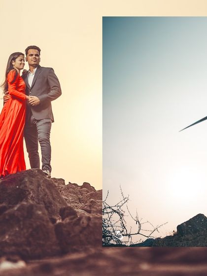 A collage combining a dramatic shot of the bride-to-be in a red dress with other moments from their scenic pre-wedding shoot.