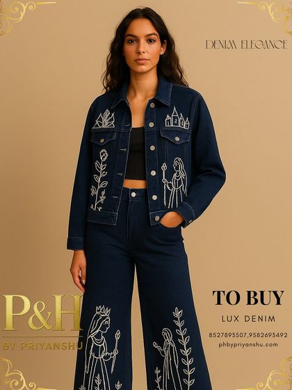 A storytelling piece. This dark indigo denim jacket and wide-leg jeans set is adorned with whimsical hand-embroidery depicting queens, castles, and flora, turning denim into a narrative canvas.