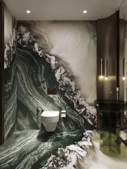 We believe even functional spaces can be works of art. This bold bathroom design highlights our skill in rendering dramatic materials, where the fluid patterns of green and white marble create a powerful, artistic statement.