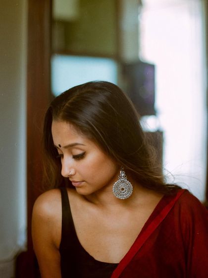 A pensive portrait in a saree. These photos explore the quiet, emotional side of my persona as an artist.