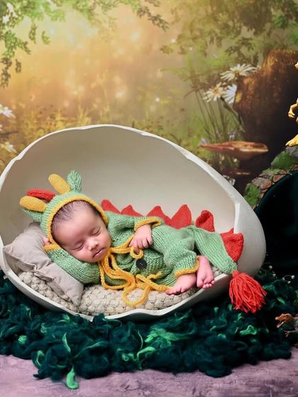 Roar means 'I love you' in dinosaur. This incredibly detailed dinosaur theme features a newborn in a dino costume, sleeping inside a giant egg in a prehistoric jungle.