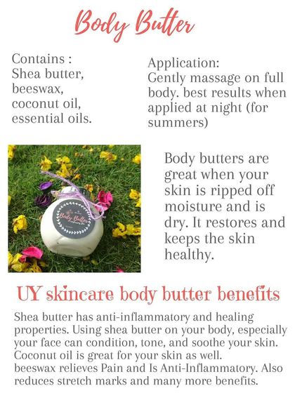 The ingredient and benefits list for my Body Butter. It contains shea butter, beeswax, and essential oils to restore and protect your skin.