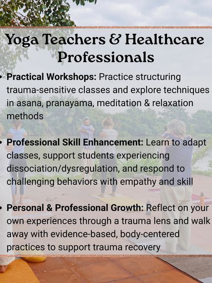 This training is designed for yoga teachers and healthcare professionals. It includes practical workshops on structuring trauma-sensitive classes and enhancing your skills to support students with empathy and evidence-based practices.
