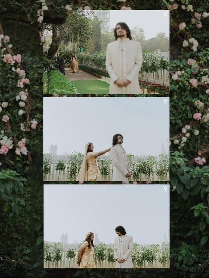 A first look set against a beautiful floral wall. This three-part sequence captures the bride's approach and the groom's reaction in a romantic garden setting.