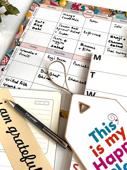 A closer look at the 'I Create My Happy Place' gift combo, a set of four tools for making your day a positive oasis.