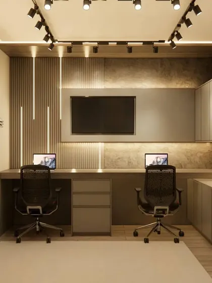 A front view of the dual workstation, showing the ample space for two people to work comfortably.