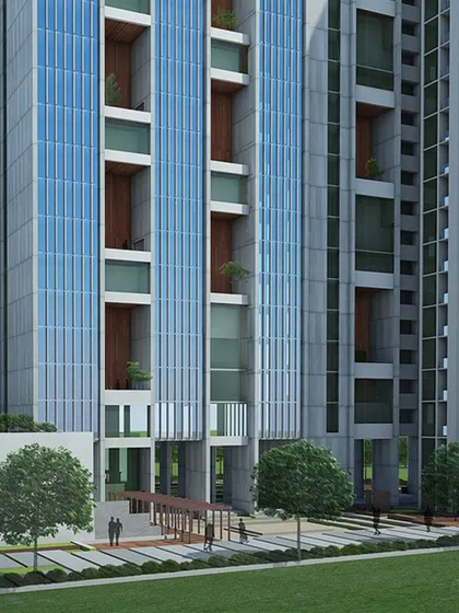 Green open spaces are the anchor of our housing designs. This facade detail shows how we integrate landscaped pockets and balconies, shaping homes around green areas that nurture light, ventilation, and a connection to nature.