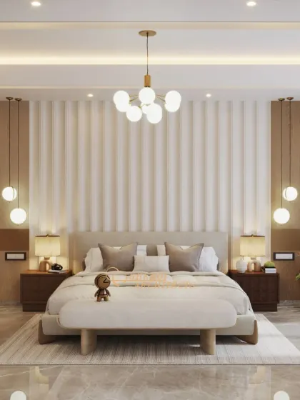 This bedroom combines earthy tones and a variety of light fixtures, from a central chandelier to bedside pendants, to create a warm and inviting ambiance.
