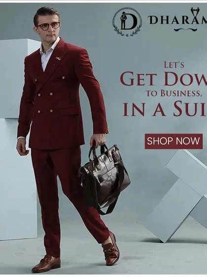 Let's get down to business, in a suit. This graphic features a model in a stylish maroon double-breasted suit, perfect for making a power statement.