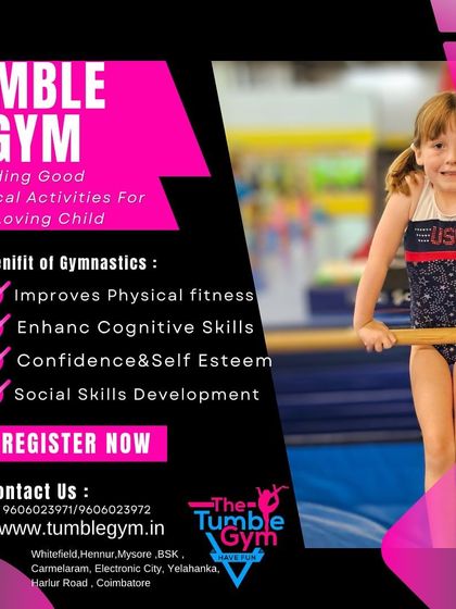 This flyer lists the core benefits of gymnastics: improved physical fitness, enhanced cognitive skills, confidence, and social skill development.