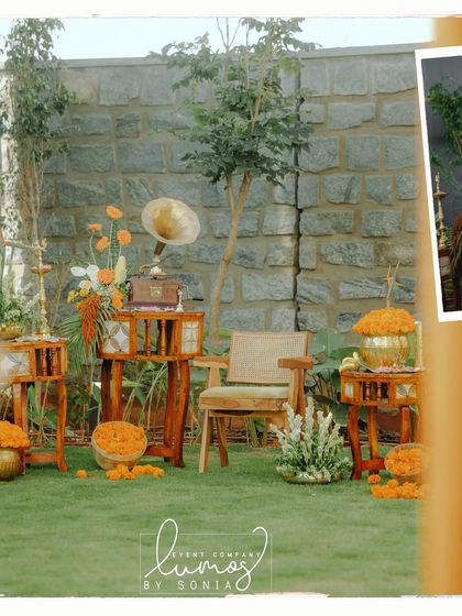 Another collage of the unique housewarming decor, with a vintage gramophone and vegetable arrangements.