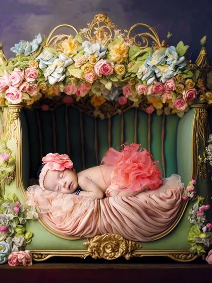 I love creating detailed and elaborate fantasy scenes. Here, a sleeping newborn is placed in an ornate, flower-covered royal bed, showing the level of intricate detail I can add to your photos.