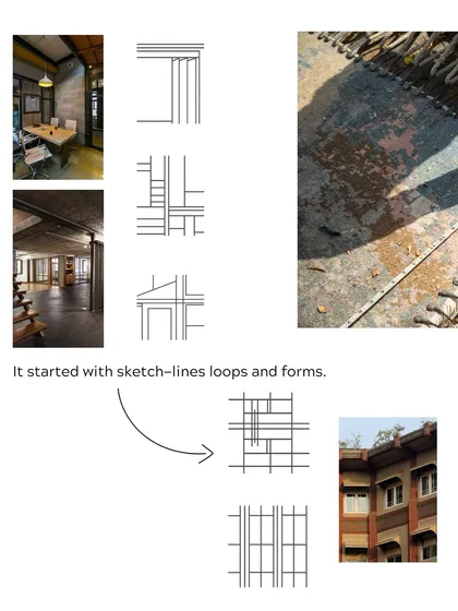 The journey from sketch to final product. This image shows how our initial line drawings are translated into the complex, layered patterns of the rugs.