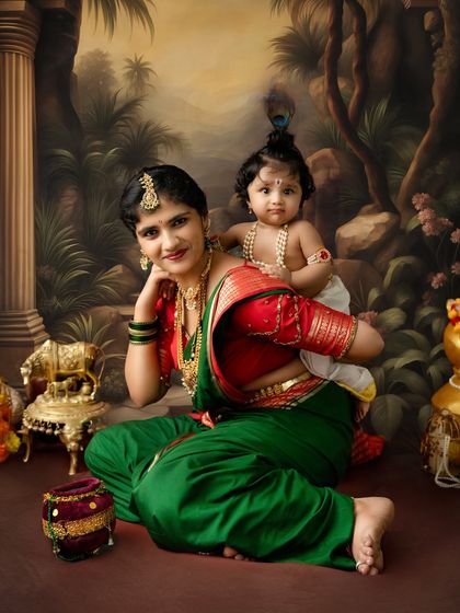 A playful pose with baby Krishna on his mother's back. This angle provides a unique and loving perspective, highlighting the traditional jewelry and attire.