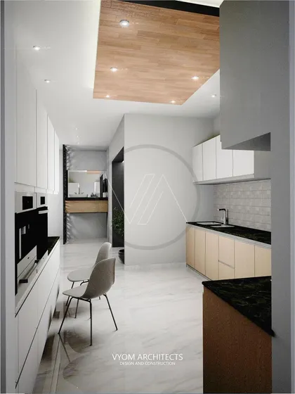A render of a sleek, modern galley kitchen. The design emphasizes functionality with handleless cabinets, integrated appliances, and a wooden ceiling feature that adds warmth and defines the space, all illuminated by a skylight.