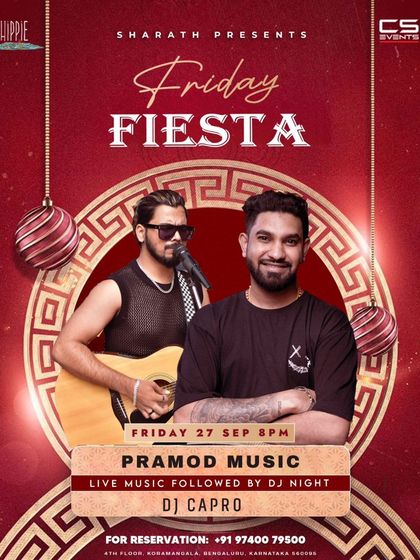 An event flyer for 'Friday Fiesta' at Hungry Hippie, featuring a live music performance followed by my DJ set.