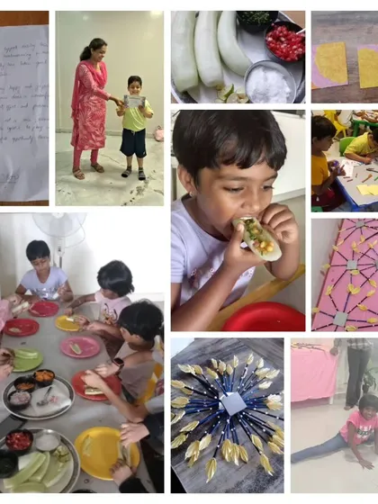 This collage captures the diverse experiences of our summer camp, from fireless cooking and art projects to yoga and heartfelt thank you notes from our campers.