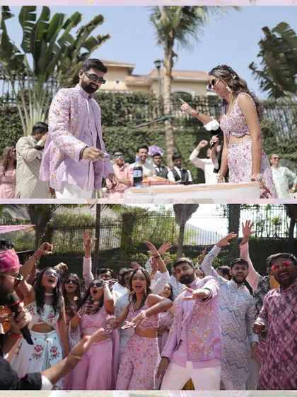 A collage showing the fun and games at a wedding carnival. From the couple playing games to the whole group dancing, we plan events that are full of life.