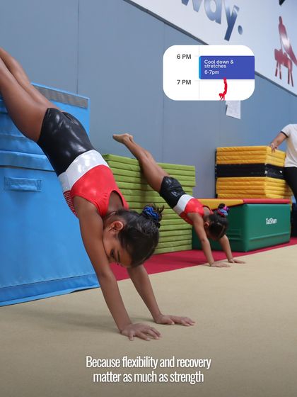 From 6 to 7 PM, we focus on cool downs and stretches. We believe flexibility and recovery matter just as much as strength for a healthy gymnast.
