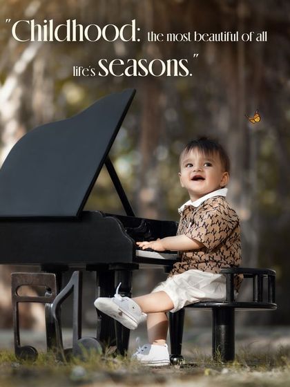 Childhood: the most beautiful of all life's seasons. A happy boy in a designer shirt plays the piano in a sun-dappled forest.