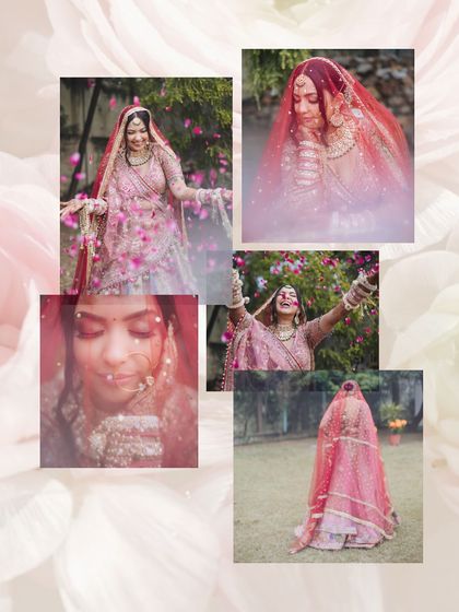 A collage of dreamy and magical portraits of a bride in her pink lehenga, showered in petals.
