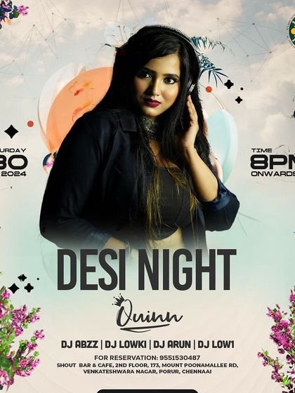 An alternative flyer for the Bollywood Night at Shout Bar in Chennai, detailing the event's entry information.