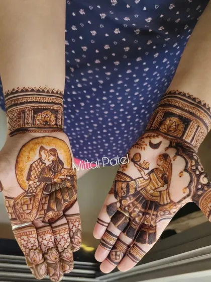 A beautiful example of my Karwa Chauth storytelling mehndi. The design captures the essence of the festival with a couple's portrait under the full moon on one hand and the traditional scene of a woman performing the puja on the other.