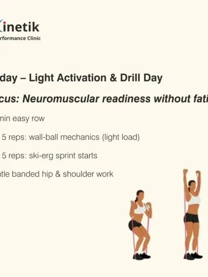 The day before the race is for light activation. A 10-minute easy row and some gentle banded hip and shoulder work can ensure your neuromuscular system is ready without causing fatigue.