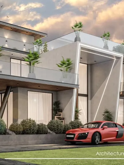 A 3D visualization for a luxury farmhouse in Alipur. The design features expansive terraces, a double-height entrance, and a strong horizontal emphasis that connects it to the landscape.